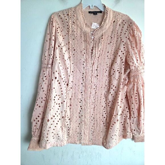 NWOT Boston Proper Pink Floral Lace & Eyelet Stretch Loop Button Blouse sz XL - Picture 2 of 9